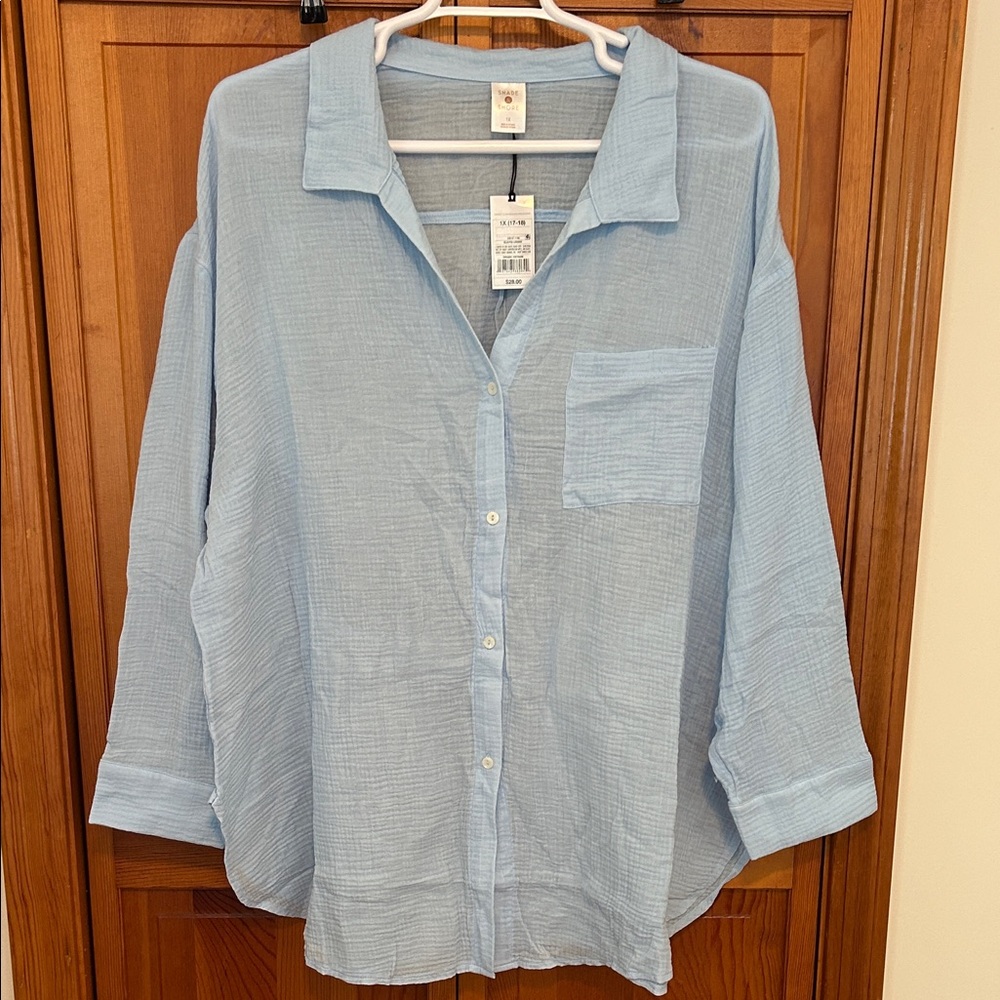 Shade & Shore Light Blue Gauze Button-Down Coverup Shirt Dress – 2X NWT